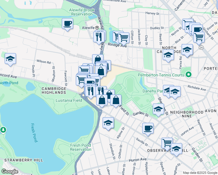 map of restaurants, bars, coffee shops, grocery stores, and more near 166 New Street in Cambridge
