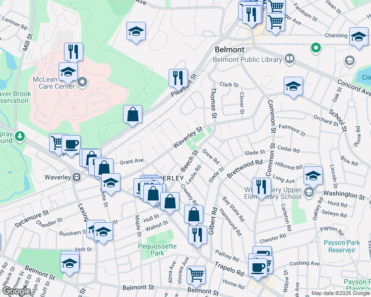 map of restaurants, bars, coffee shops, grocery stores, and more near 182 Waverley Street in Belmont