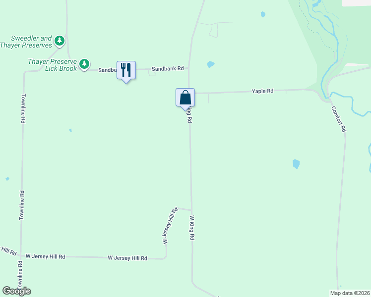 map of restaurants, bars, coffee shops, grocery stores, and more near 580 West King Road in Ithaca