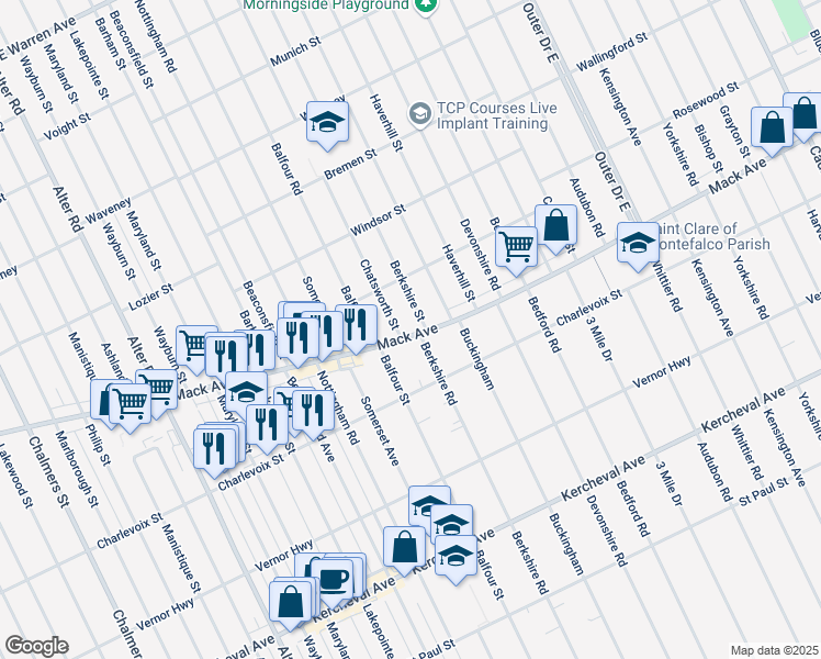 map of restaurants, bars, coffee shops, grocery stores, and more near 3461 Berkshire Street in Detroit