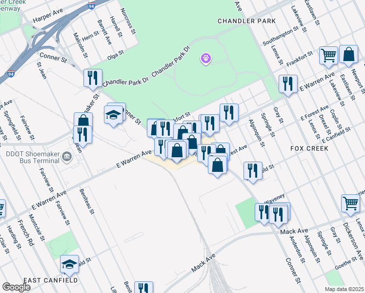 map of restaurants, bars, coffee shops, grocery stores, and more near 5000 Conner Street in Detroit