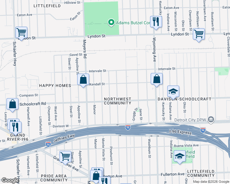 map of restaurants, bars, coffee shops, grocery stores, and more near 14015 Mendota Street in Detroit