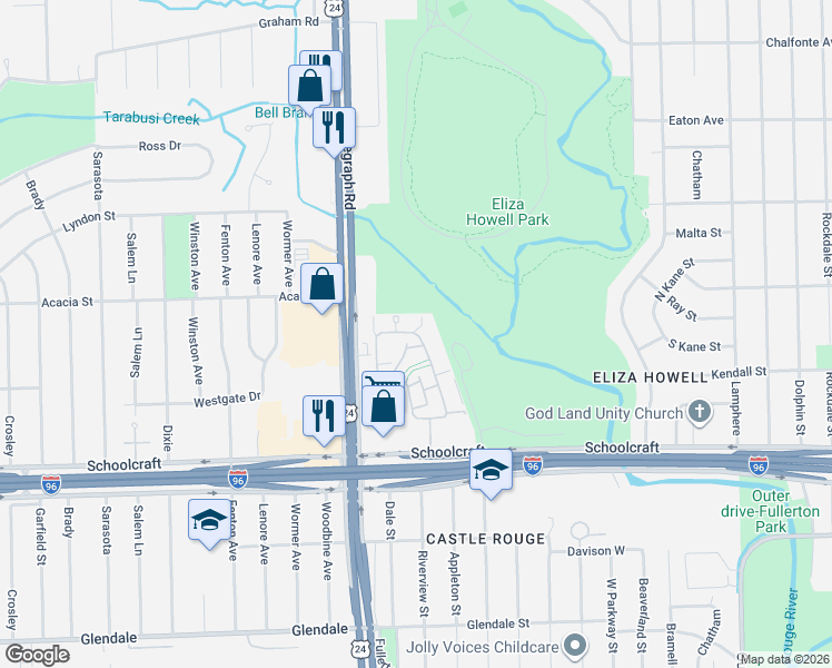map of restaurants, bars, coffee shops, grocery stores, and more near 23600 Schoolcraft in Detroit