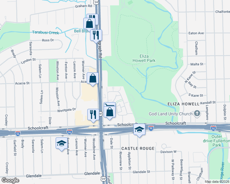 map of restaurants, bars, coffee shops, grocery stores, and more near 23600 Schoolcraft in Detroit