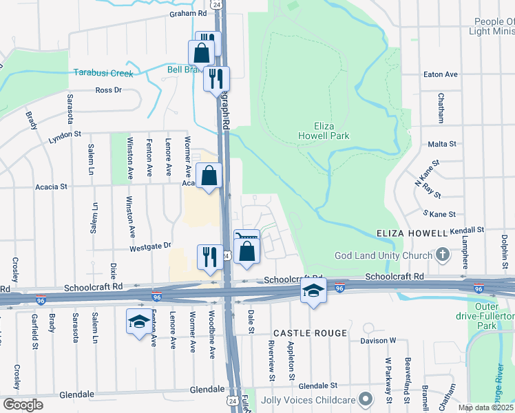 map of restaurants, bars, coffee shops, grocery stores, and more near 23600 Schoolcraft in Detroit