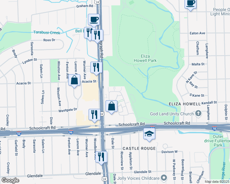 map of restaurants, bars, coffee shops, grocery stores, and more near 23600 Schoolcraft in Detroit