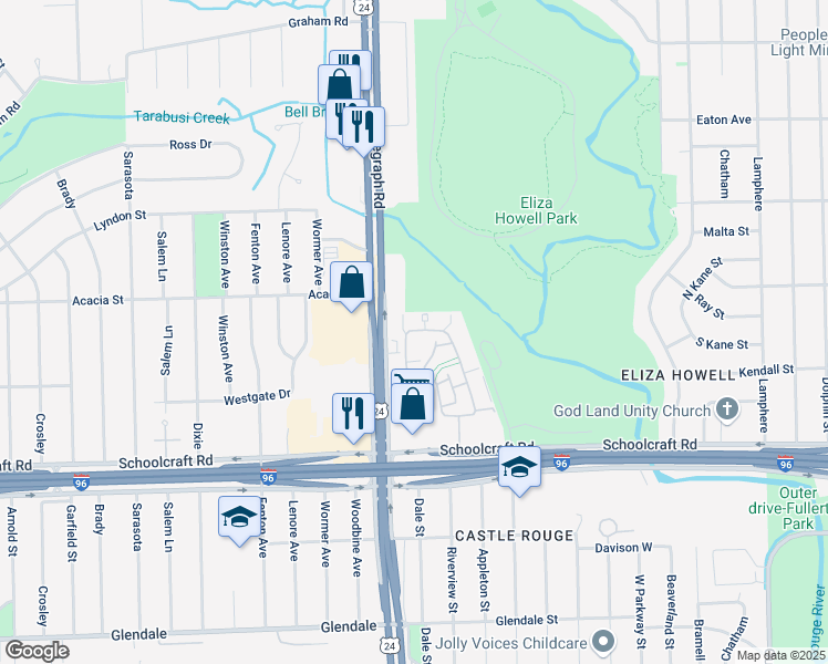 map of restaurants, bars, coffee shops, grocery stores, and more near 14300 Telegraph Rd in Redford Charter Township