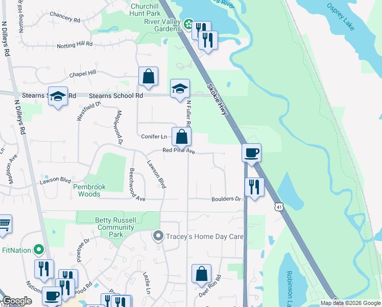 map of restaurants, bars, coffee shops, grocery stores, and more near 2005 Fuller Road in Gurnee