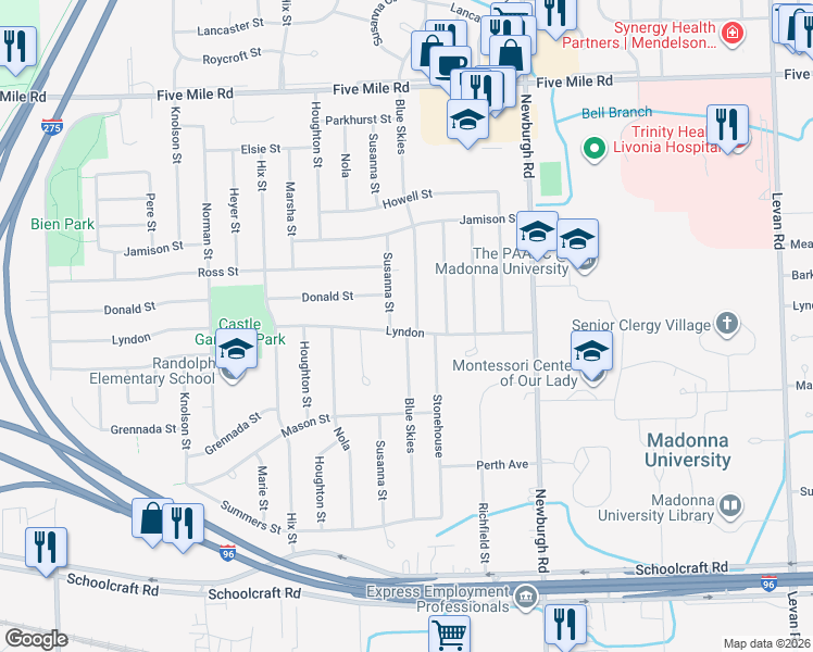 map of restaurants, bars, coffee shops, grocery stores, and more near 37850 Lyndon in Livonia