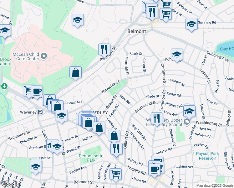 map of restaurants, bars, coffee shops, grocery stores, and more near 266 Beech Street in Belmont