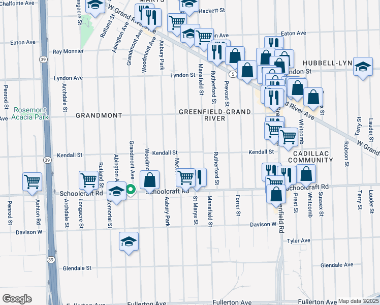 map of restaurants, bars, coffee shops, grocery stores, and more near St Marys St in Detroit