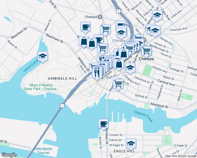 map of restaurants, bars, coffee shops, grocery stores, and more near 59 Cherry Street in Chelsea