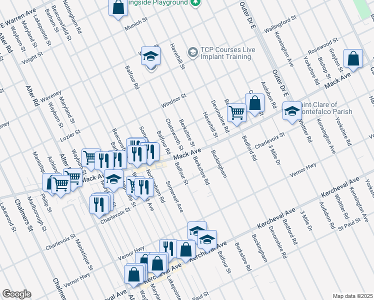 map of restaurants, bars, coffee shops, grocery stores, and more near 3461 Berkshire Street in Detroit
