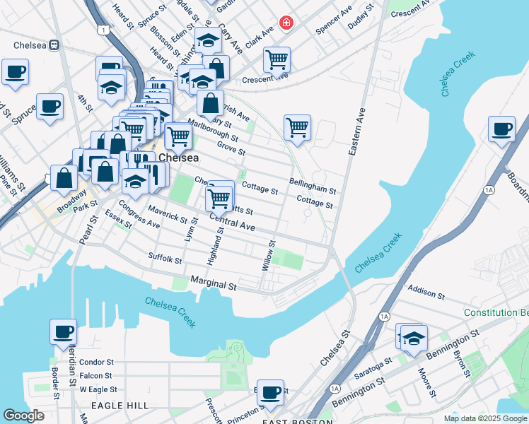 map of restaurants, bars, coffee shops, grocery stores, and more near 162 Chester Avenue in Chelsea