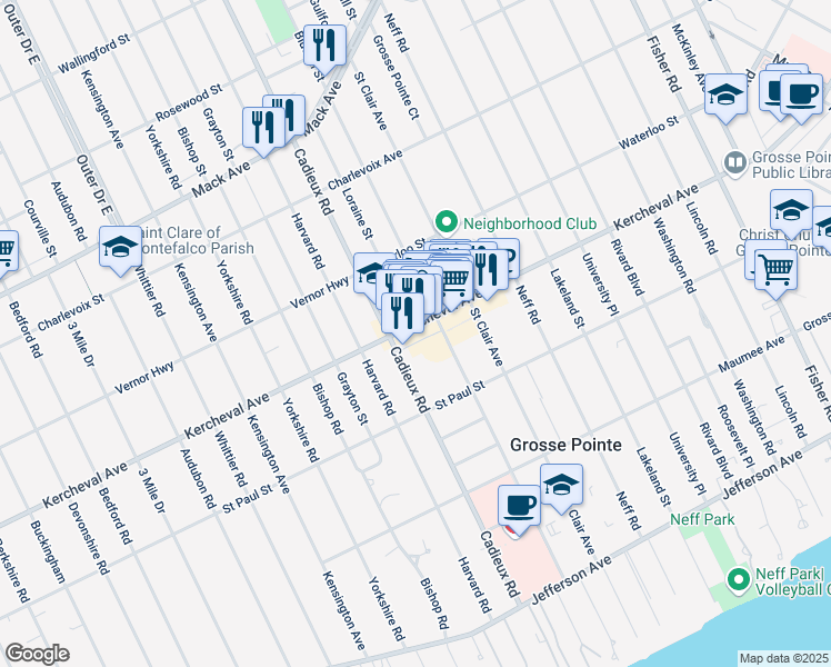 map of restaurants, bars, coffee shops, grocery stores, and more near 16999 Kercheval Avenue in Grosse Pointe
