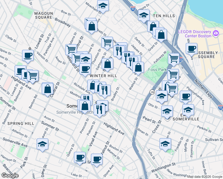 map of restaurants, bars, coffee shops, grocery stores, and more near 60B Marshall Street in Somerville