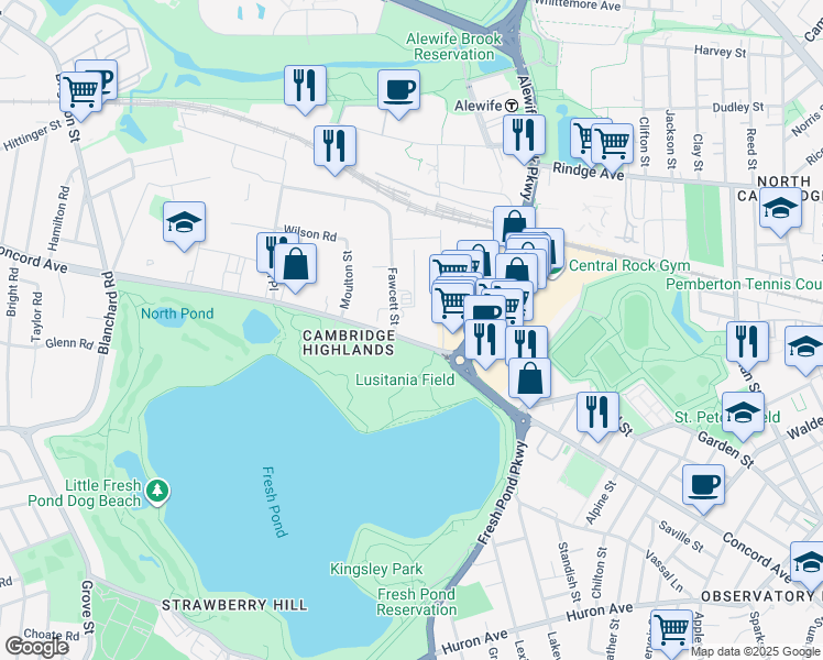 map of restaurants, bars, coffee shops, grocery stores, and more near 10 Fawcett Street in Cambridge