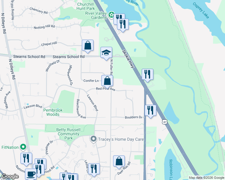 map of restaurants, bars, coffee shops, grocery stores, and more near 2005 Fuller Road in Gurnee