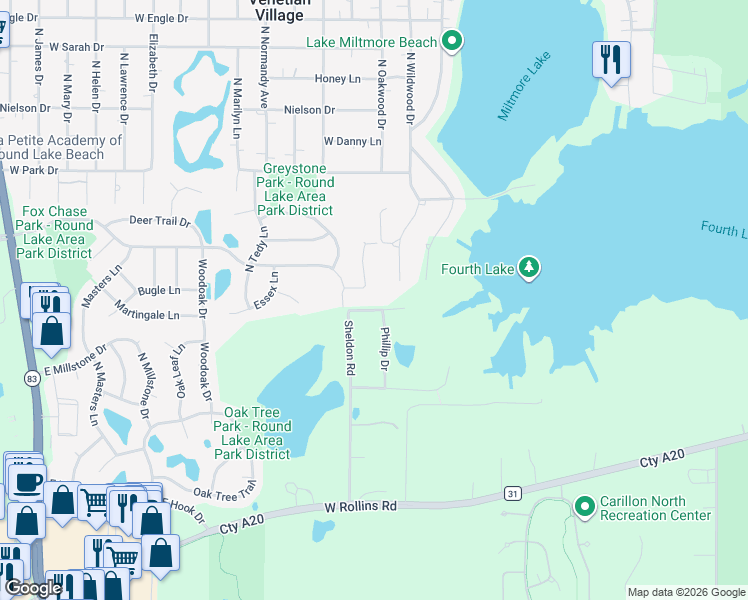map of restaurants, bars, coffee shops, grocery stores, and more near 2313 North Fox Chase Drive in Round Lake Beach