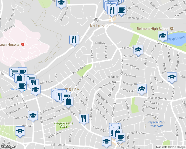 map of restaurants, bars, coffee shops, grocery stores, and more near 34 Benjamin Road in Belmont