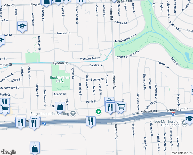 map of restaurants, bars, coffee shops, grocery stores, and more near 27628 Lyndon in Livonia