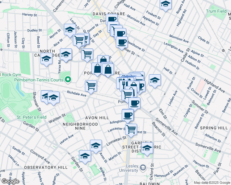 map of restaurants, bars, coffee shops, grocery stores, and more near 53 Porter Road in Cambridge