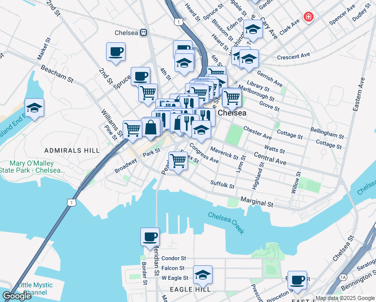 map of restaurants, bars, coffee shops, grocery stores, and more near 128 Park Street in Chelsea