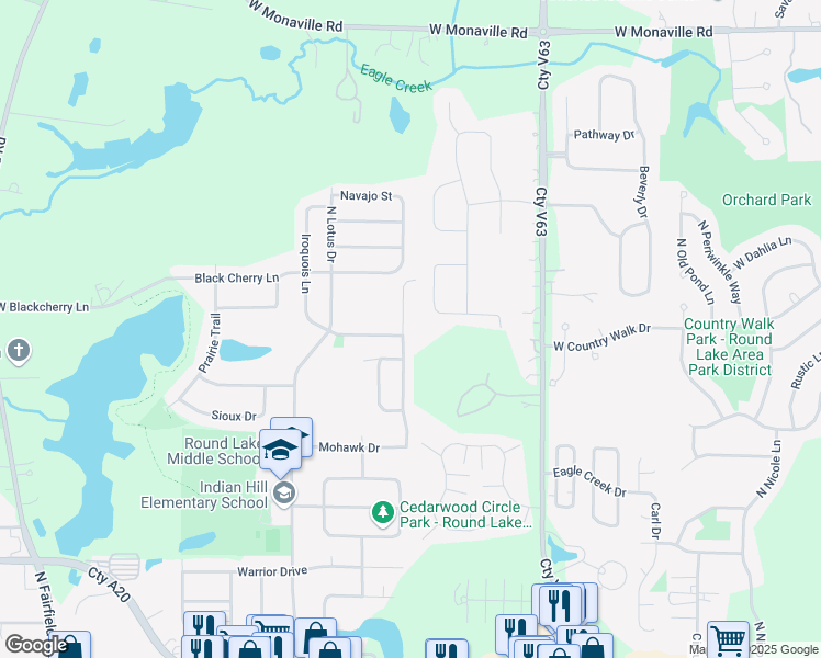 map of restaurants, bars, coffee shops, grocery stores, and more near 2263 North Arapahoe Trail in Round Lake Heights