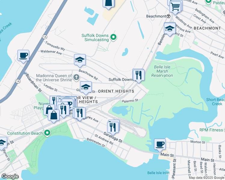 map of restaurants, bars, coffee shops, grocery stores, and more near 42 Orient Avenue in Boston