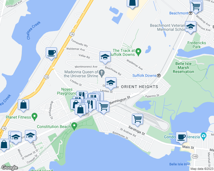 map of restaurants, bars, coffee shops, grocery stores, and more near 145 Gladstone Street in Boston