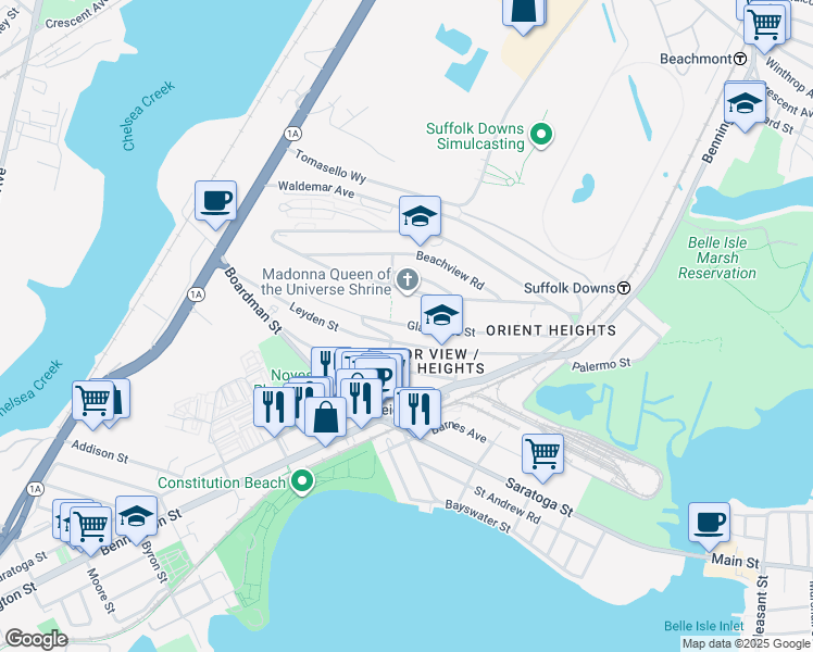 map of restaurants, bars, coffee shops, grocery stores, and more near 145 Gladstone Street in Boston