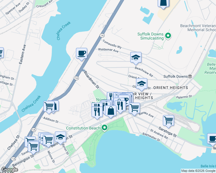 map of restaurants, bars, coffee shops, grocery stores, and more near 60 Leyden Street in Boston