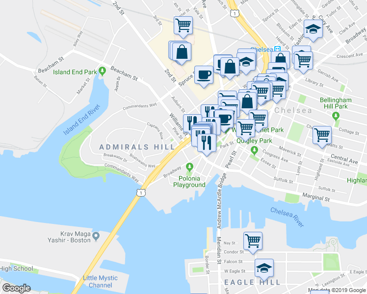map of restaurants, bars, coffee shops, grocery stores, and more near 95 Beacon Street in Chelsea