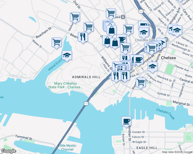 map of restaurants, bars, coffee shops, grocery stores, and more near 150 Captains Row in Chelsea