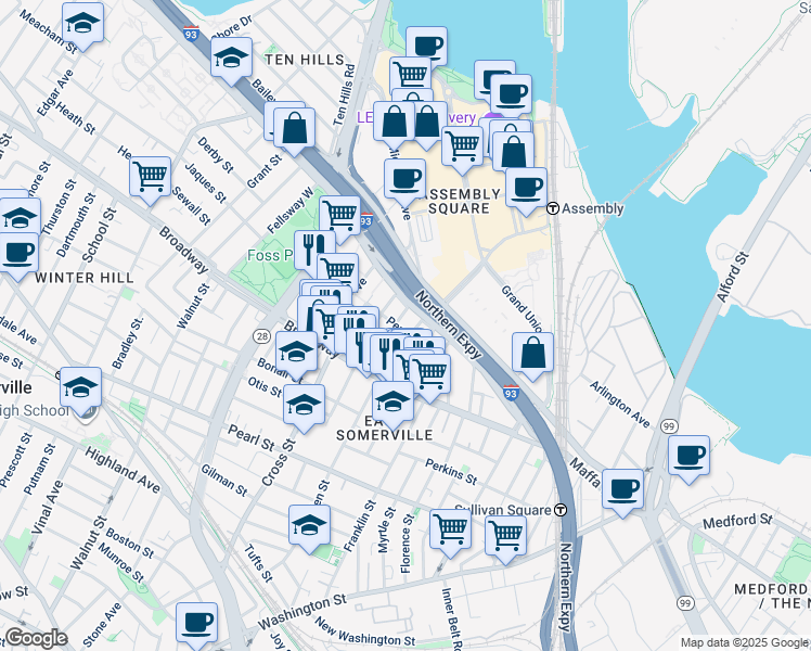 map of restaurants, bars, coffee shops, grocery stores, and more near 11 Connecticut Avenue in Somerville