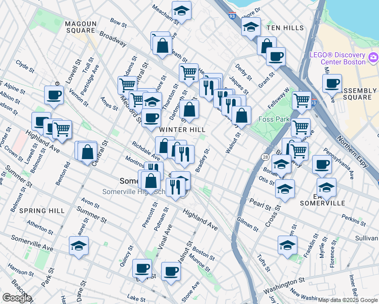 map of restaurants, bars, coffee shops, grocery stores, and more near 13 Howe Street in Somerville