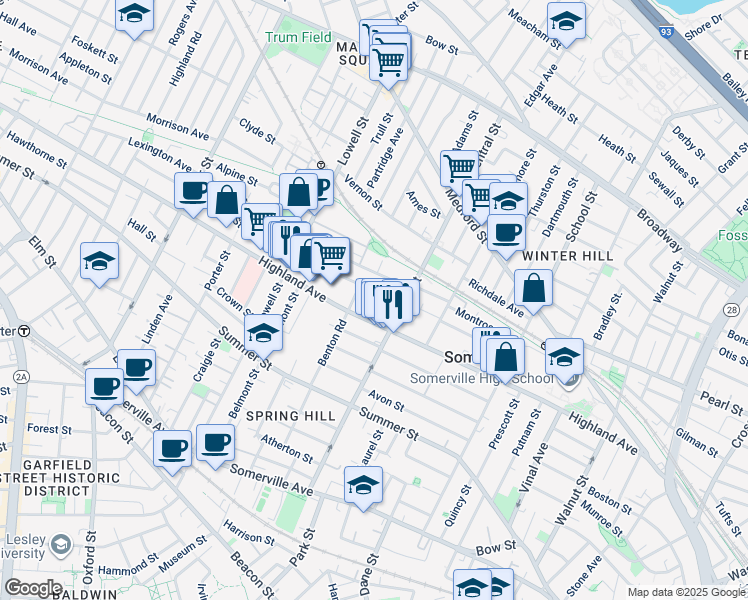 map of restaurants, bars, coffee shops, grocery stores, and more near 31 Hudson Street in Somerville