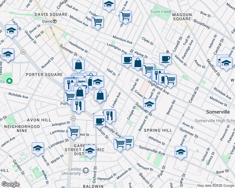 map of restaurants, bars, coffee shops, grocery stores, and more near 53 Cedar Street in Somerville