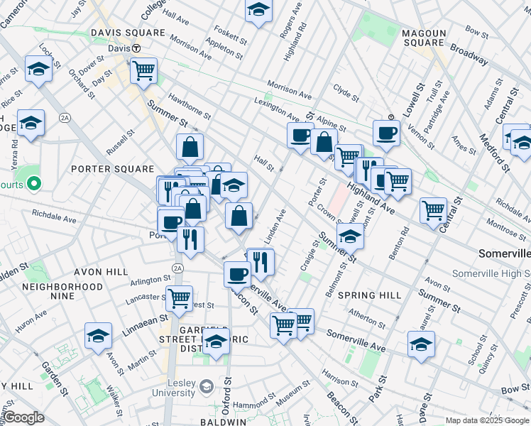 map of restaurants, bars, coffee shops, grocery stores, and more near 53 Cedar Street in Somerville