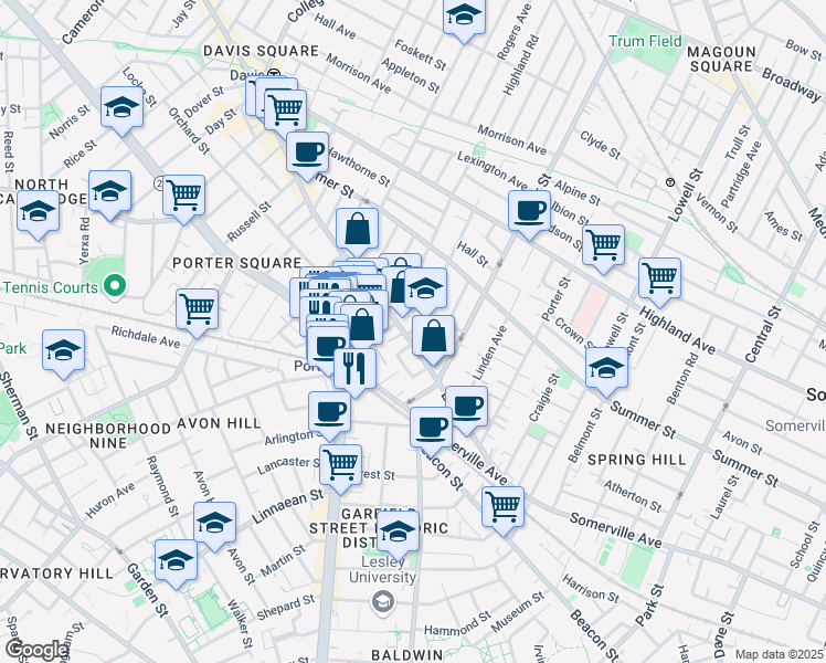 map of restaurants, bars, coffee shops, grocery stores, and more near 14 Cherry Street in Somerville