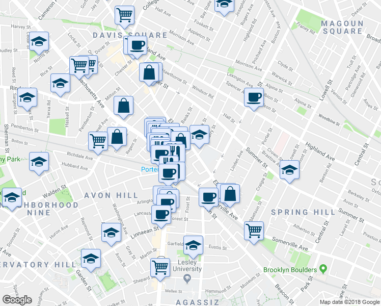 map of restaurants, bars, coffee shops, grocery stores, and more near 14 Cherry Street in Somerville