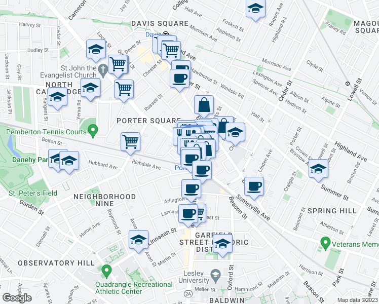 map of restaurants, bars, coffee shops, grocery stores, and more near 19 Davenport Street in Cambridge