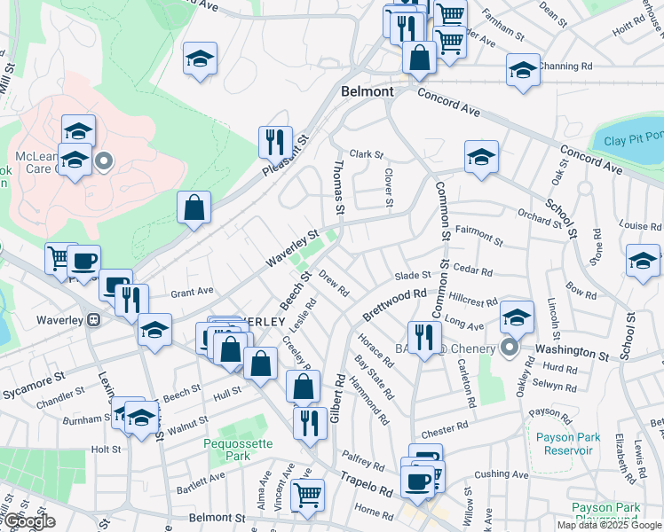map of restaurants, bars, coffee shops, grocery stores, and more near 285 Beech Street in Belmont