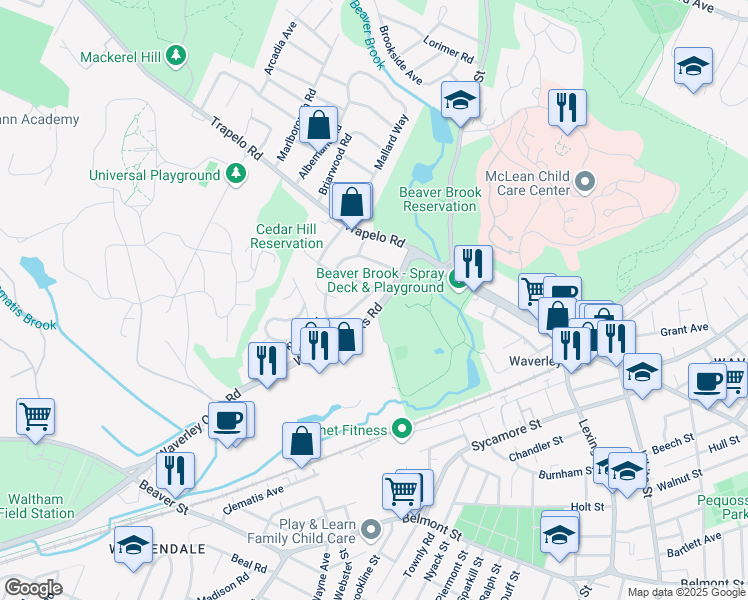 map of restaurants, bars, coffee shops, grocery stores, and more near 9 Shirley Road in Waltham