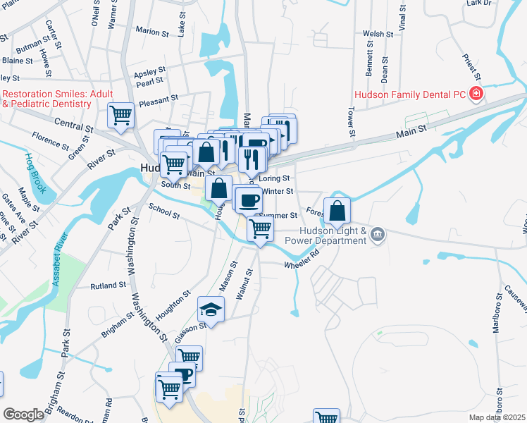 map of restaurants, bars, coffee shops, grocery stores, and more near 5 Winter Street in Hudson