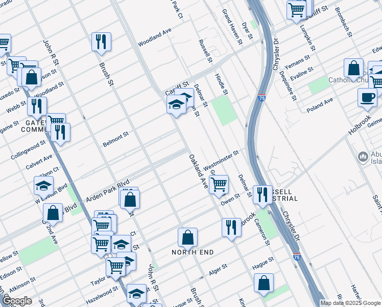 map of restaurants, bars, coffee shops, grocery stores, and more near 9700 Oakland Avenue in Detroit
