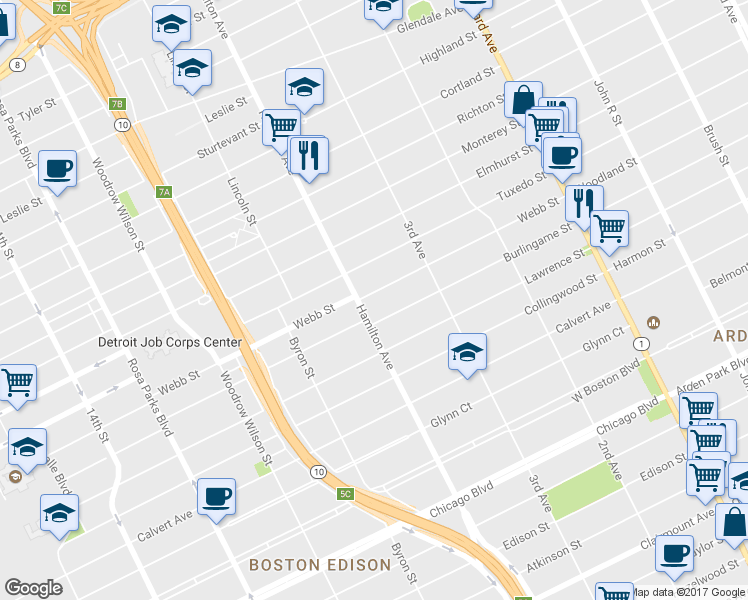 map of restaurants, bars, coffee shops, grocery stores, and more near 938 Webb Street in Detroit