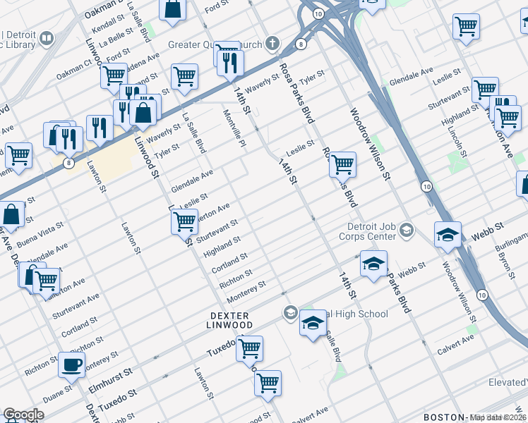 map of restaurants, bars, coffee shops, grocery stores, and more near 2282 Sturtevant Street in Detroit
