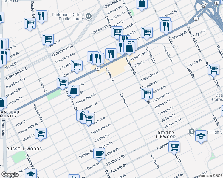 map of restaurants, bars, coffee shops, grocery stores, and more near 2909 Buena Vista Street in Detroit