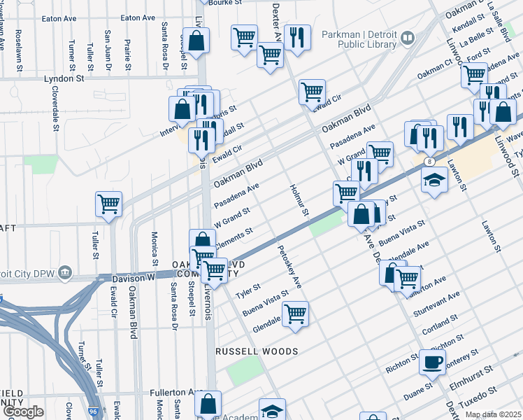 map of restaurants, bars, coffee shops, grocery stores, and more near 4092 Grand Street in Detroit